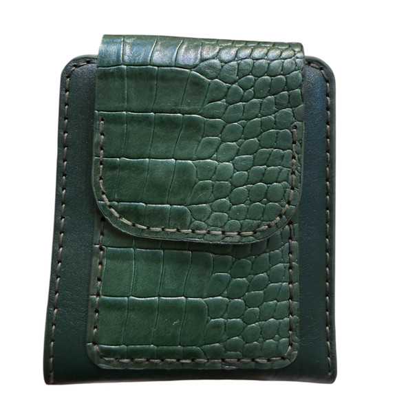 Interior view of the forest green leather wallet showing 6 card slots and the bill compartment.