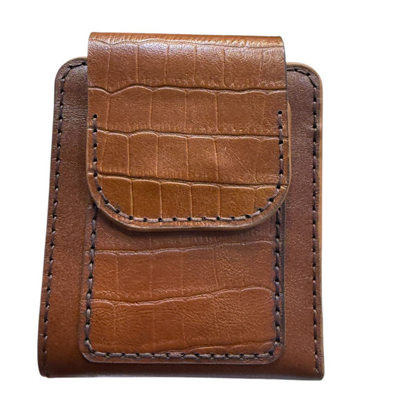 Warm cognac tan cow leather wallet with a prominent crocodile texture and flap closure.