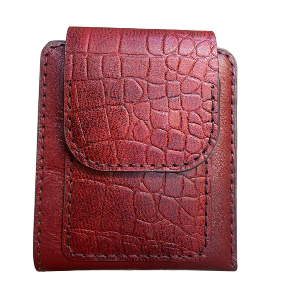A vibrant crimson red cow leather wallet featuring a deep crocodile embossed pattern.