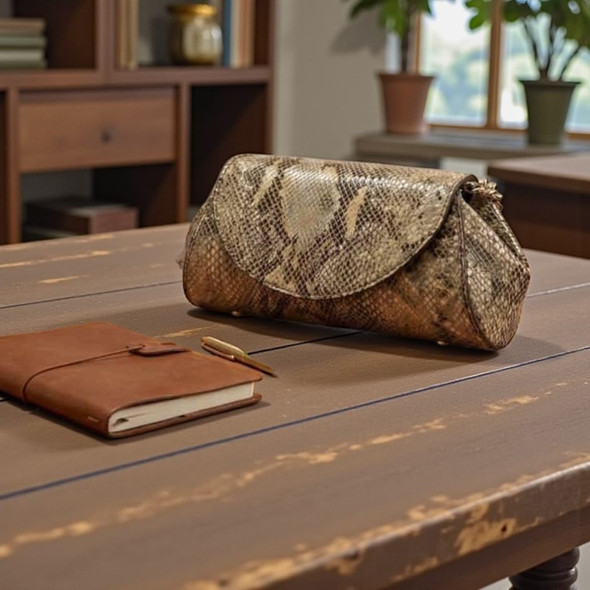 The Amira 24x10 cm handmade natural leather clutch with a python-print finish and gold chain handle.