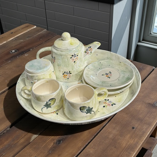 A 7-piece hand-painted ceramic tea set with wildflower designs on a pale green and yellow glaze, displayed on a wooden table.