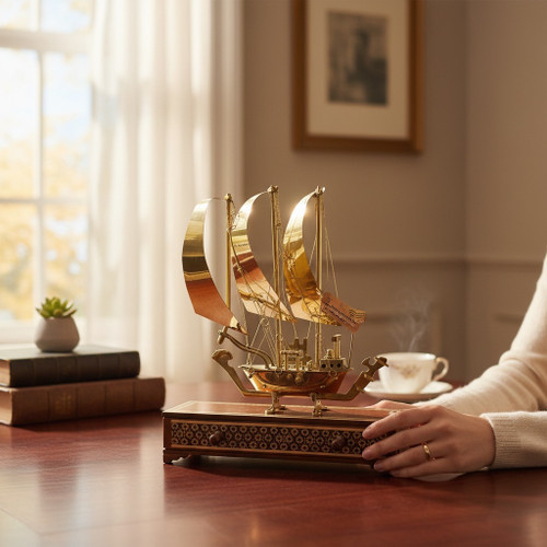 Detailed view of the Khatamkari marquetry and the open drawer in the wooden base, designed for jewelry or pens.