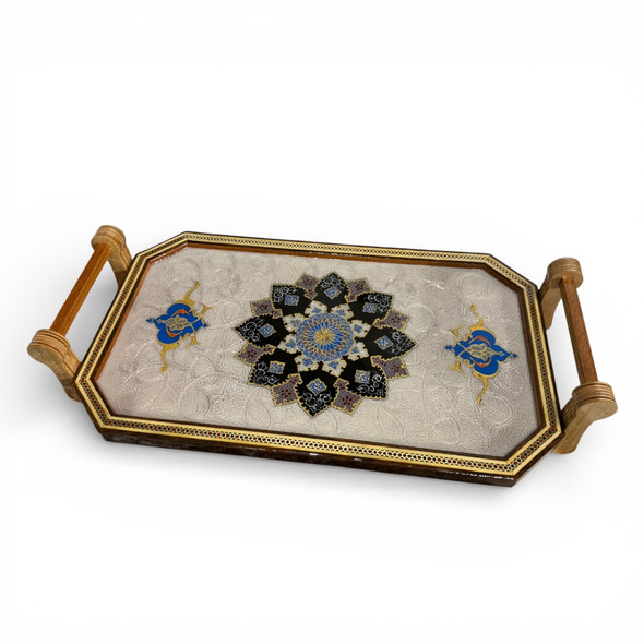 Close-up of the thousands of micro-inlays of bone, brass, and wood forming the geometric Khatam pattern on the tray.