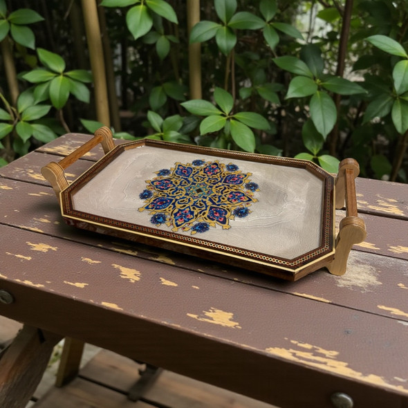A 40x24 cm handmade Tezhib Floral Khatamkari inlaid wooden tray with a hand-painted center, perfect for a luxury Ramadan gift.