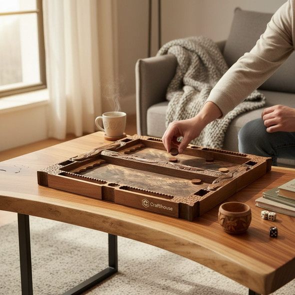 Interior view of a 60x60 cm hand-carved backgammon board showing book-matched wood grain and feather engravings.