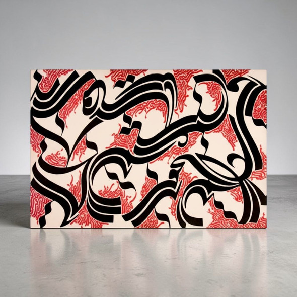 A large 100×150 cm contemporary abstract calligraphy painting in black and white acrylic on canvas.