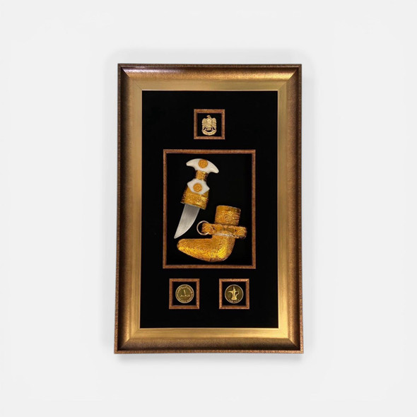 Detailed close-up of the lower display windows showing the front and back of two authentic 1 AED circulation coins within the "Golden Honor" luxury currency and silver falcon emblem artwork.