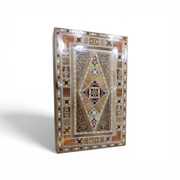 Handmade wooden gift box with geometric mosaic design