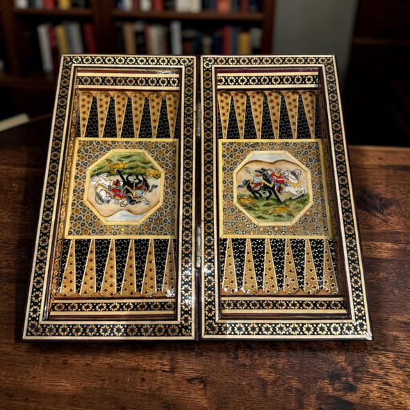 A 30x30 cm luxury handmade wooden game set with a chessboard exterior and a hand-painted Persian hunting scene interior.