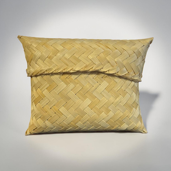 A 20x14 cm handmade palm leaf woven pouch in a natural sand-toned finish.