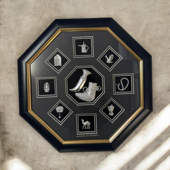 A 3D hexagonal souvenir frame from Bahrain featuring physical miniature objects like a Dallah coffee pot and Hookah.