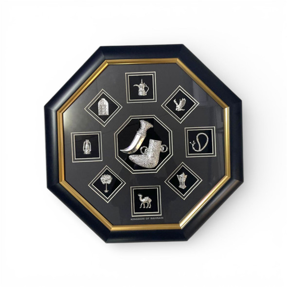 luxury geometric currency frame, emphasizing the architectural depth of the shadow box casing, the inner gold lining, and the thick protective glass layer.