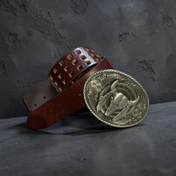 A premium natural leather belt in a deep mahogany color featuring a polished silver-tone buckle.