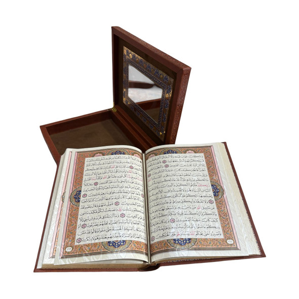 Close-up of the vibrant multi-colored geometric illuminations and clear Arabic script on the scented nano plastic pages.