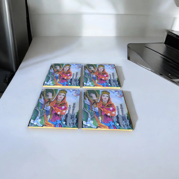 The set of four square ceramic mug coasters displayed together, highlighting their unique and colorful artistic design.