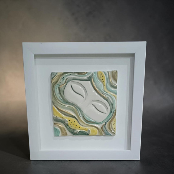 30x30 cm ochre gold abstract textured ceramic relief featuring a modern 3D embossed tile design in a sleek frame.