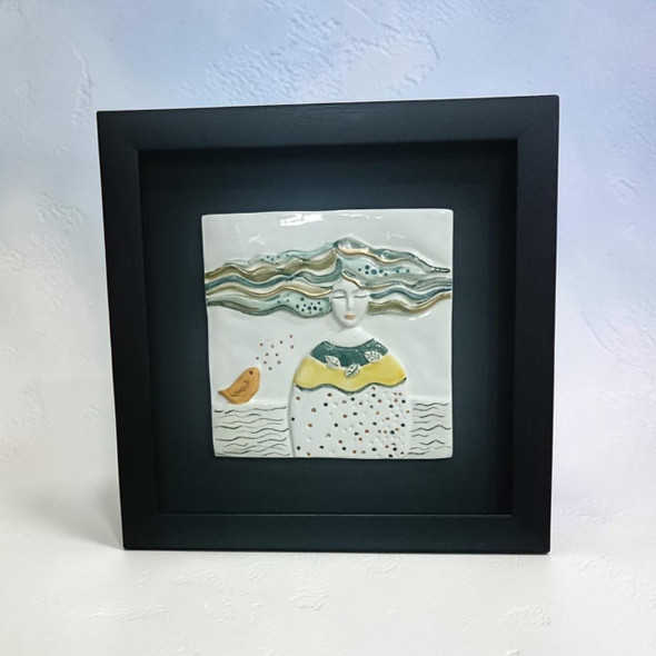 Premium 30x30 cm mustard yellow abstract textured ceramic relief featuring a modern 3D embossed tile design in a sleek frame.