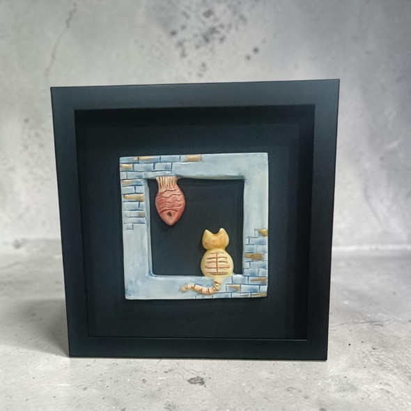 30x30 cm turquoise cat and fish abstract textured ceramic relief featuring a modern 3D embossed tile design in a sleek frame.