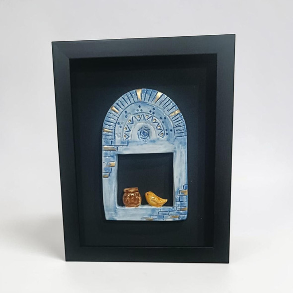 Premium 30x30 cm modern yellow bird in blue window abstract textured ceramic relief featuring a 3D embossed tile design in a sleek frame.