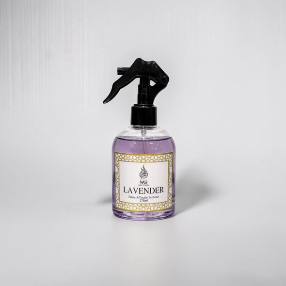 Elegant promotional shot of the 275ml Lavender textile and room perfume mist, emphasizing its minimalist styling for upscale residential living spaces.