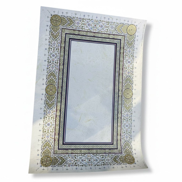Full view of a 48x34 cm premium printed Tezhib paper for calligraphy, featuring a highly detailed traditional gold illumination and floral border surrounding a smooth light blue central text field.