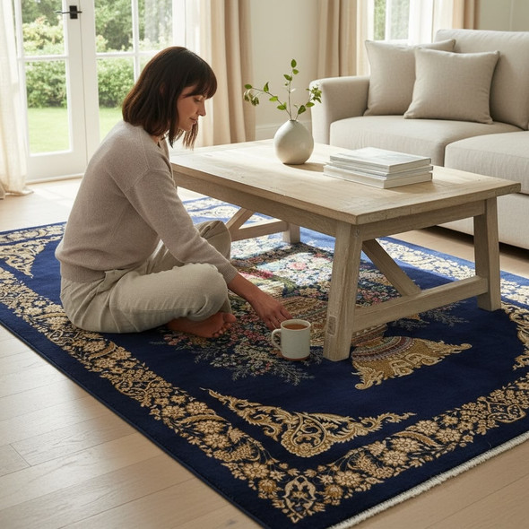 Large silk carpet 230x155 cm with floral vase design on royal blue background