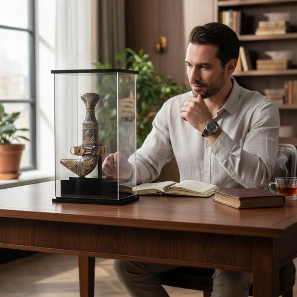 A premium Khanjar dagger featuring intricate metalwork, securely housed in a sleek, modern acrylic display case as showcased