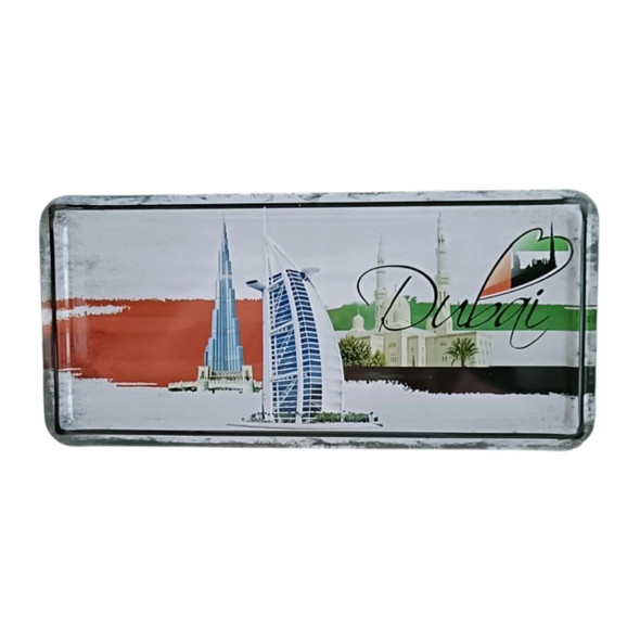 A rectangular printed aluminum magnet featuring a composite view of famous Dubai architecture.