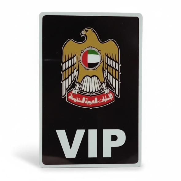 A durable, professionally finished aluminum magnet showcasing the UAE national crest and "VIP" branding.