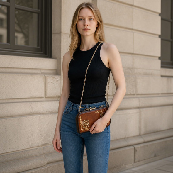 An exclusive Craftihouse hand-painted leather bag showcasing traditional scrollwork patterns and luxury hardware.