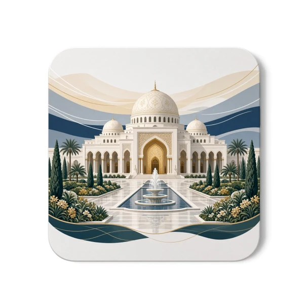 vibrant 8x8 cm square aluminium fridge magnet with rounded corners featuring an artistic illustration of a majestic white mosque with a courtyard fountain and palm trees.