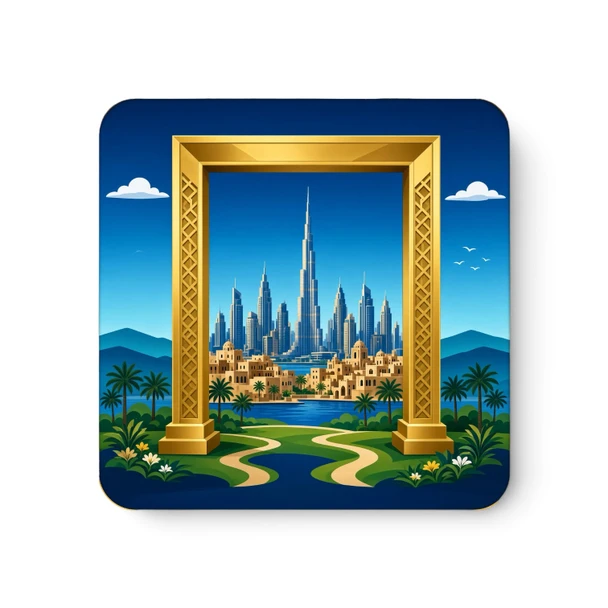A vibrant 8x8 cm square aluminium fridge magnet with rounded corners featuring a grand golden architectural frame opening onto the Dubai skyline and Burj Khalifa.