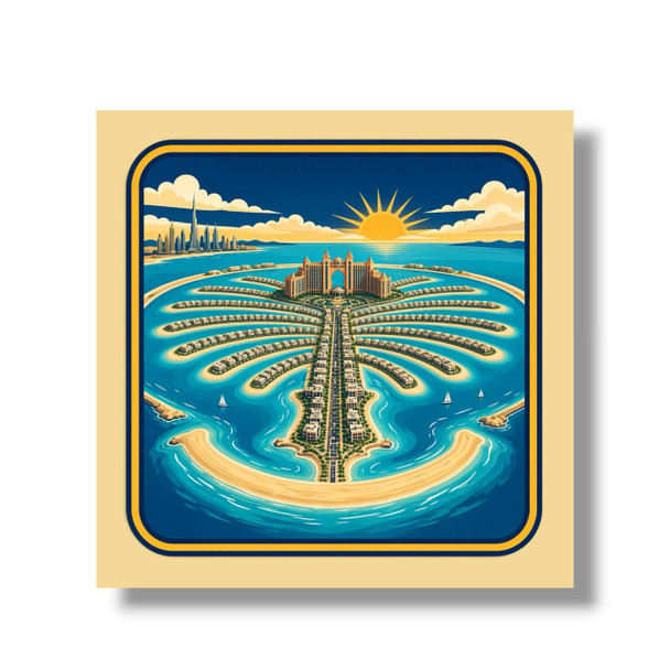 A vibrant 8x8 cm square aluminium fridge magnet featuring an aerial illustration of Dubai's Palm Jumeirah island, the Atlantis resort, and surrounding azure waters.