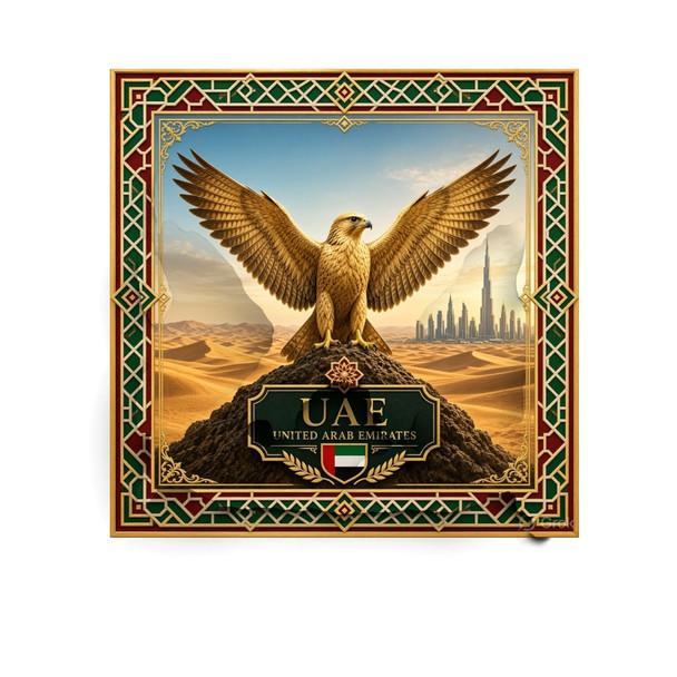 A vibrant 8x8 cm square printed aluminium fridge magnet featuring a majestic golden falcon with wings spread wide, desert dunes, and a modern city skyline.