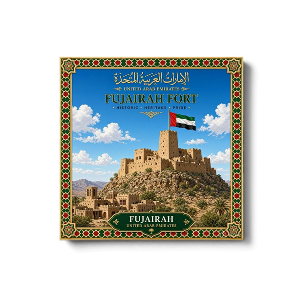 A vibrant 8x8 cm square printed aluminium fridge magnet featuring the historic Fujairah Fort on a rocky hill with the UAE flag, traditional architecture, and mountain backdrop.