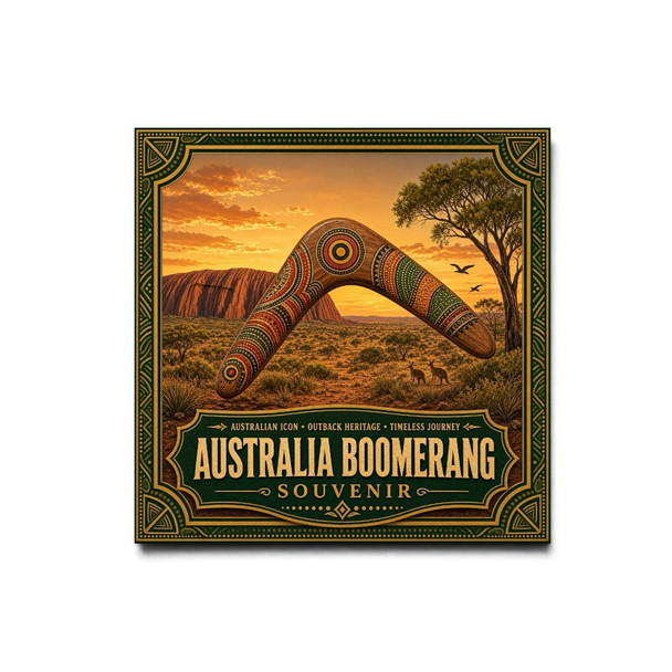A vibrant 8x8 cm square printed aluminium fridge magnet featuring an ornate traditional boomerang, an outback landscape, a sunset over Uluru, and golden typography.