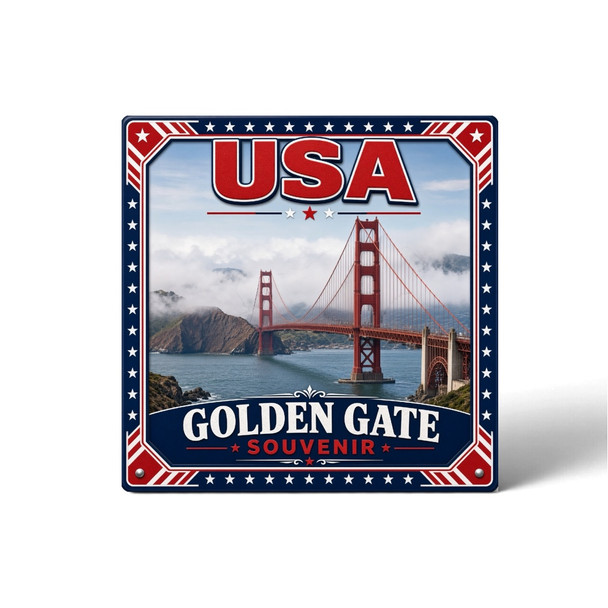A vibrant 8x8 cm square printed aluminium fridge magnet featuring the Golden Gate Bridge, San Francisco bay, fog, and patriotic typography.