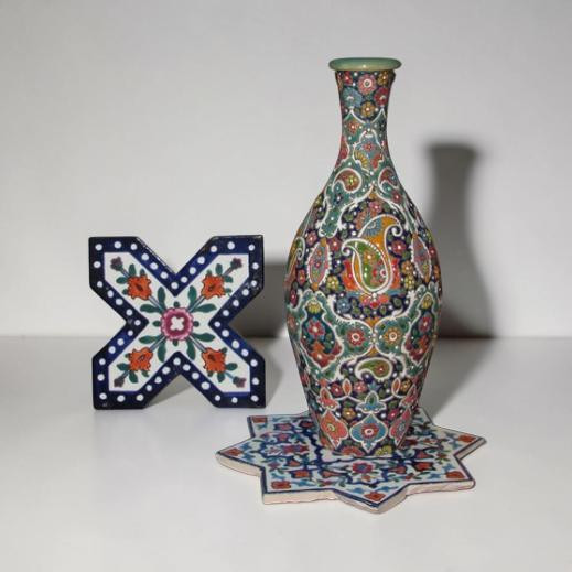 A monumental 29 cm handmade earthenware vase featuring vibrant hand-painted 3D enamel floral patterns and a high-gloss finish.