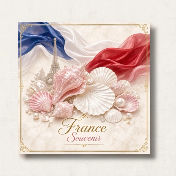 A vibrant 8x8 cm square printed aluminium fridge magnet featuring pink and white seashells, pearls, the Eiffel Tower, and French flag silks.