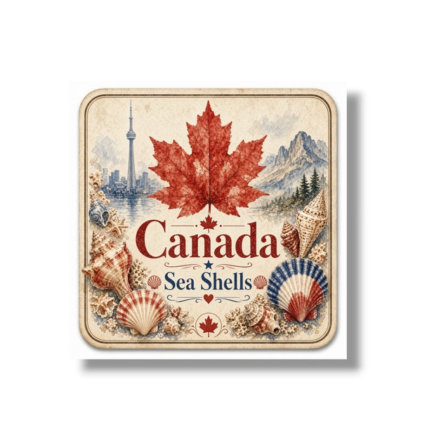 A vintage-style 8x8 cm square printed aluminium fridge magnet featuring a red maple leaf, CN Tower, watercolor seashells, and Canada Sea Shells typography.