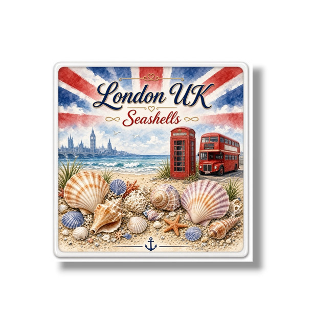 An exclusive Craftihouse printed aluminum fridge magnet, designed to bring British capital charm and coastal artistry to metallic surfaces.