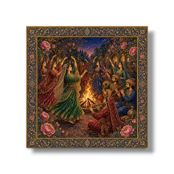 A vibrant 8x8 cm aluminum fridge magnet featuring a detailed printed Persian miniature painting of a nighttime bonfire celebration with dancers and musicians.