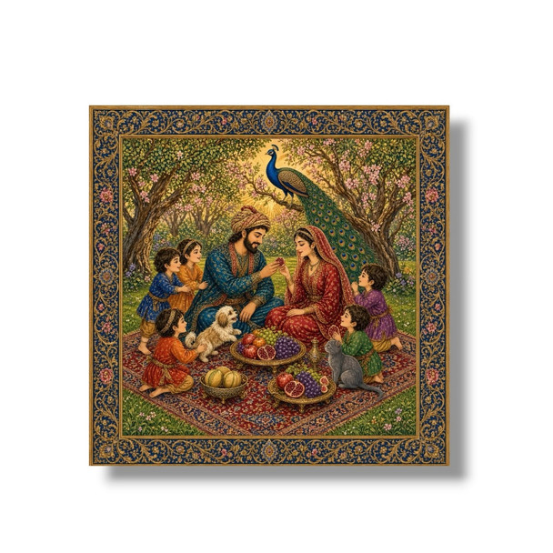 A vibrant 8x8 cm aluminum fridge magnet featuring a detailed printed Persian miniature painting of a family picnic in a garden with children, pets, and a peacock.