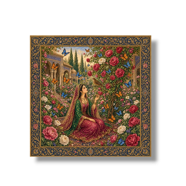 A vibrant 8x8 cm aluminum fridge magnet featuring a detailed printed Persian miniature painting of a noble lady in a blooming garden with butterflies and roses.