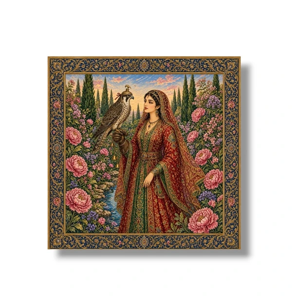A vibrant 8x8 cm aluminum fridge magnet featuring a detailed printed Persian miniature painting of a noble falconer lady with a falcon in a blooming garden.