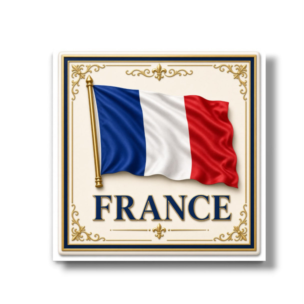 A vibrant 8x8 cm aluminum fridge magnet featuring a detailed printed waving French flag on a golden flagpole, set against an off-white background with ornate gold corner filigree and the text "FRANCE".