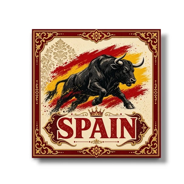 A vibrant 8x8 cm aluminum fridge magnet featuring a detailed printed illustration of a powerful Spanish fighting bull over a red and yellow brushstroke background, framed by an ornate red and gold border with a crown and the text "SPAIN".