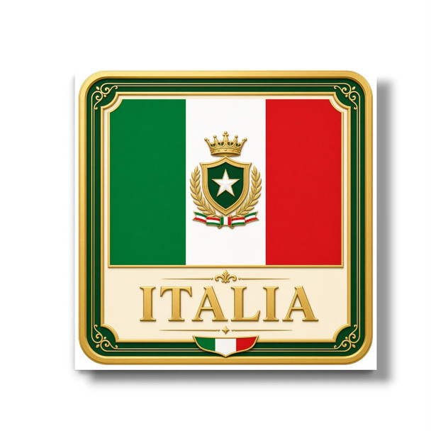 A vibrant 8x8 cm aluminum fridge magnet featuring a detailed printed illustration of the Italian national flag with a crowned star crest, framed by an ornate green and gold border with the text "ITALIA".