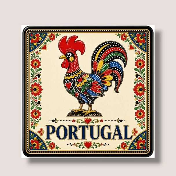 7x7 cm aluminum fridge magnet featuring a traditional Barcelos rooster illustration with colorful folk art patterns, surrounded by floral borders and the text "PORTUGAL".