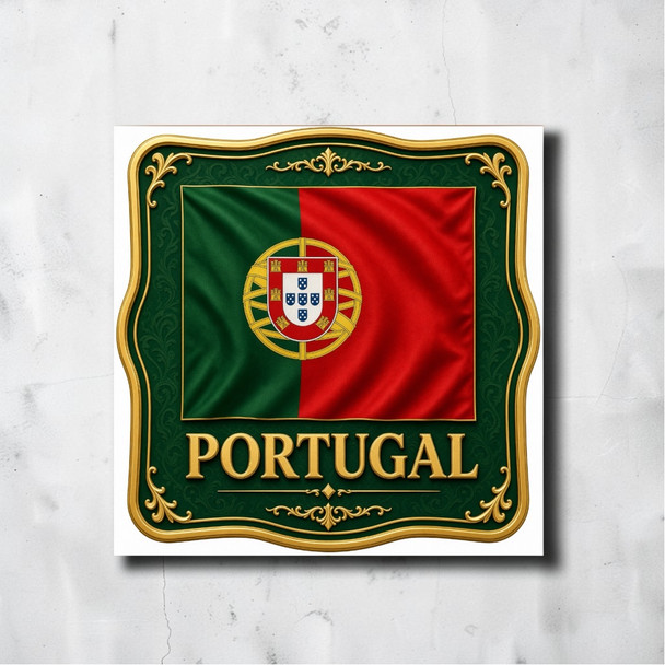 7x7 cm aluminum fridge magnet featuring the Portuguese national flag and coat of arms, framed by an ornate green and gold border with the text "PORTUGAL".